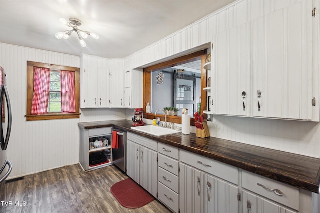 26417 Old Saltworks Rd, Abingdon, VA 24210 - kitchen featuring stainless steel appliances, dark wood-style floors, wood counters, and white cabinetry