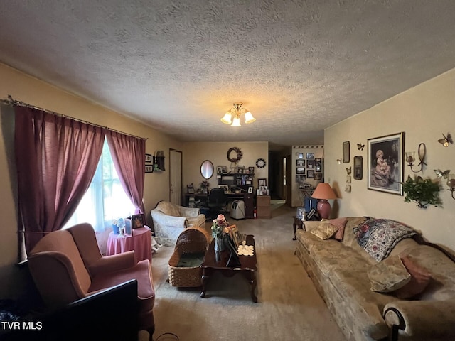 3911 Tate Springs Rd, Big Stone Gap, VA 24219 - living area featuring carpet flooring, a textured ceiling, and a chandelier