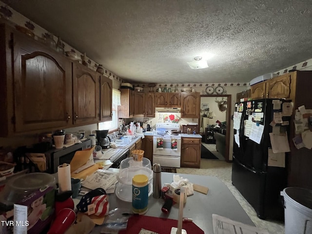 3911 Tate Springs Rd, Big Stone Gap, VA 24219 - kitchen with white range with electric cooktop, freestanding refrigerator, a textured ceiling, light countertops, and range hood