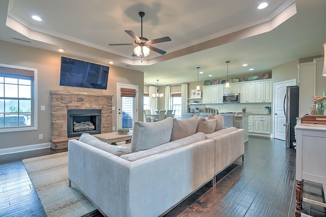 3309 Murrayfield Way, Kingsport, TN 37664 - living area featuring a tray ceiling, dark wood-style flooring, ceiling fan, ornamental molding, and a stone fireplace