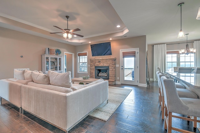 3309 Murrayfield Way, Kingsport, TN 37664 - living room with a raised ceiling, a fireplace, ceiling fan, dark wood-type flooring, and ornamental molding