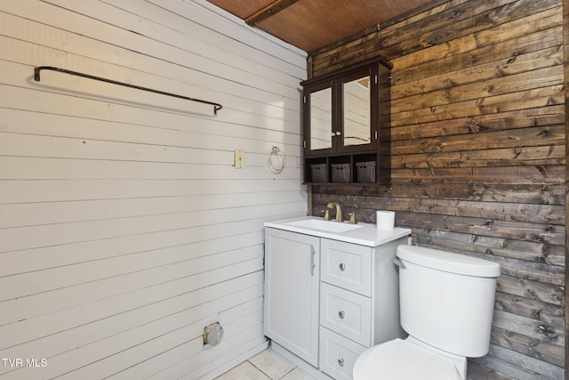 18134 Cleveland Rd, Abingdon, VA 24211 - bathroom featuring wood walls, vanity, wooden ceiling, and tile patterned floors