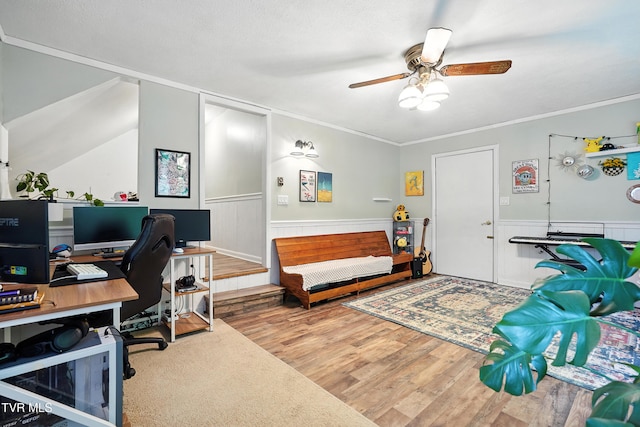 8445 Pendleton Rd, Wise, VA 24293 - office with wood finished floors, ceiling fan, a wainscoted wall, and ornamental molding
