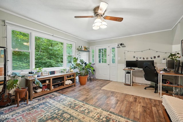 8445 Pendleton Rd, Wise, VA 24293 - home office with wood finished floors, crown molding, wainscoting, and ceiling fan