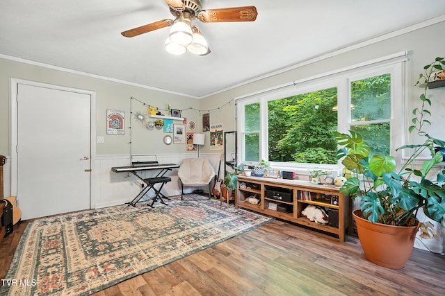 8445 Pendleton Rd, Wise, VA 24293 - office area featuring wood finished floors, ornamental molding, wainscoting, and a ceiling fan