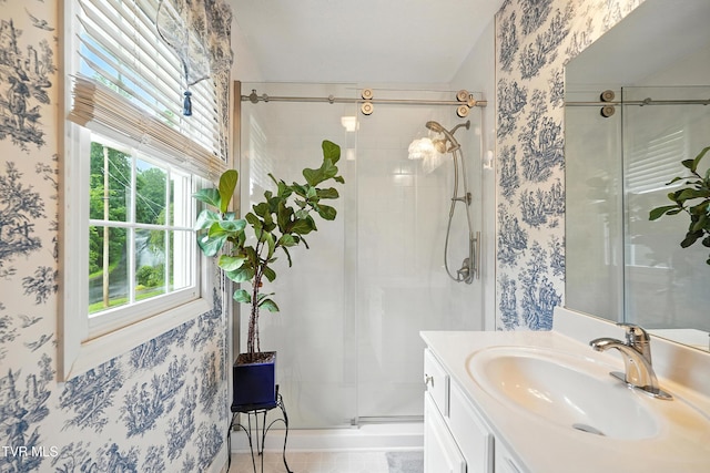 209 Timberland Cir, Kingsport, TN 37664 - bathroom featuring a stall shower, wallpapered walls, and vanity