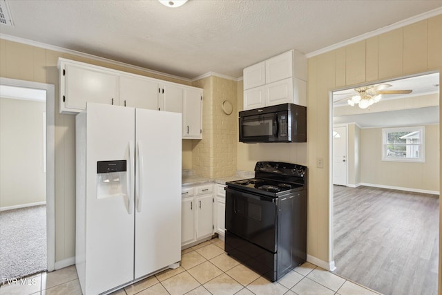 1449 E Sevier Ave, Kingsport, TN 37664 - kitchen featuring black appliances, white cabinetry, ornamental molding, ceiling fan, and light stone countertops