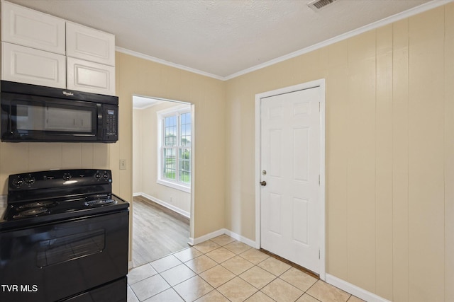 1449 E Sevier Ave, Kingsport, TN 37664 - kitchen with black appliances, crown molding, white cabinets, light tile patterned floors, and a textured ceiling