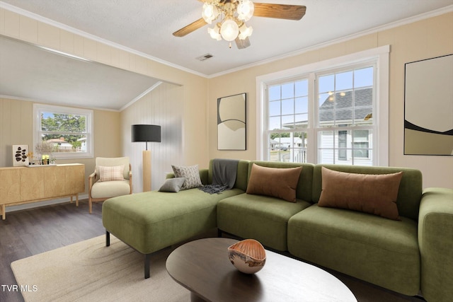 1449 E Sevier Ave, Kingsport, TN 37664 - living area featuring wood finished floors, a ceiling fan, and crown molding