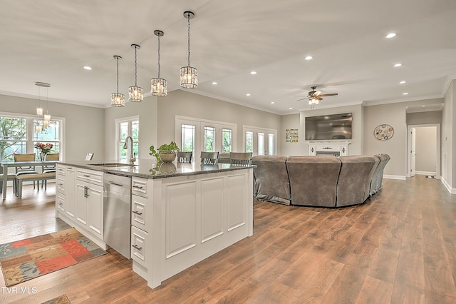 20385 Yeary Trl, Abingdon, VA 24211 - kitchen with stainless steel dishwasher, recessed lighting, ornamental molding, ceiling fan, and white cabinetry