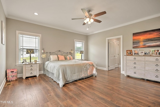 20385 Yeary Trl, Abingdon, VA 24211 - bedroom with dark wood-style flooring, ornamental molding, recessed lighting, and a ceiling fan