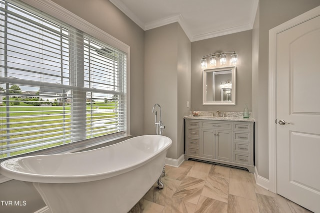 20385 Yeary Trl, Abingdon, VA 24211 - bathroom with a freestanding bath, vanity, marble finish floors, and ornamental molding