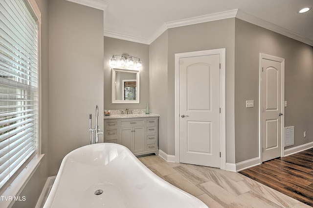 20385 Yeary Trl, Abingdon, VA 24211 - bathroom with a freestanding bath, vanity, and crown molding