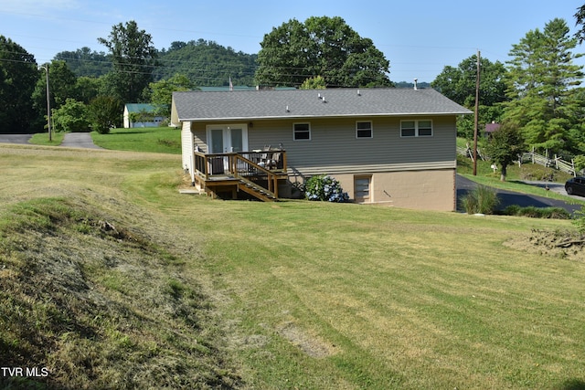 123 Valley View Dr, Rogersville, TN 37857 - back of house with a wooden deck, a lawn, stairs, and french doors