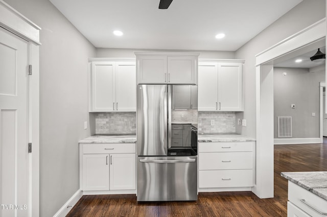 409 Pennsylvania Ave, Bristol, TN 37620 - kitchen featuring smart refrigerator, backsplash, dark wood-style flooring, and recessed lighting