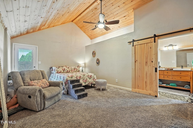 169 Mays Rd, Elizabethton, TN 37643 - bedroom featuring carpet, wood ceiling, a barn door, high vaulted ceiling, and a ceiling fan