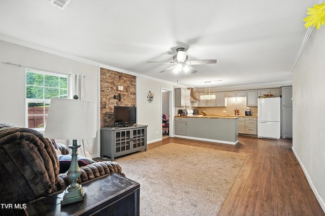 169 Mays Rd, Elizabethton, TN 37643 - living area with crown molding, dark wood-type flooring, and a ceiling fan