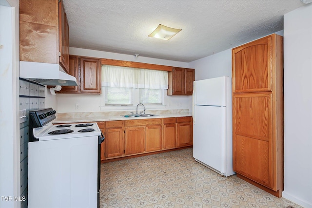 227 Jonesboro Dr, Bluff City, TN 37618 - kitchen featuring white appliances, under cabinet range hood, light countertops, brown cabinets, and light flooring