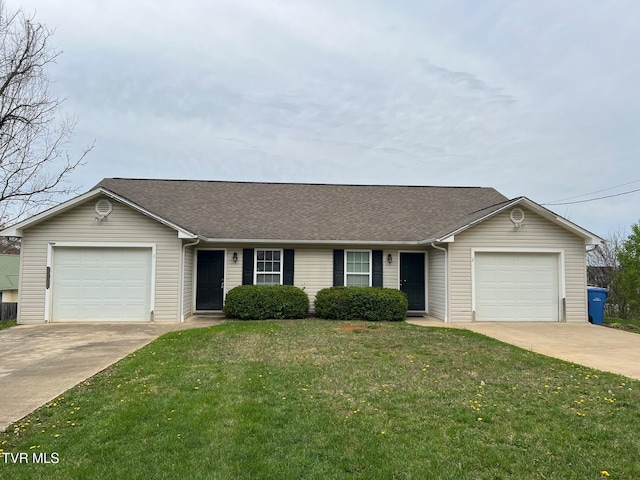 1107 Skyline Dr, Jonesborough, TN 37659 - ranch-style home with driveway, a garage, a front yard, and a shingled roof