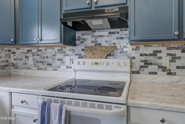 33 Mockingbird Ct, Jonesborough, TN 37659 - kitchen featuring white range with electric cooktop, range hood, decorative backsplash, and blue cabinetry