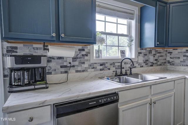33 Mockingbird Ct, Jonesborough, TN 37659 - kitchen featuring dishwasher, blue cabinets, and decorative backsplash