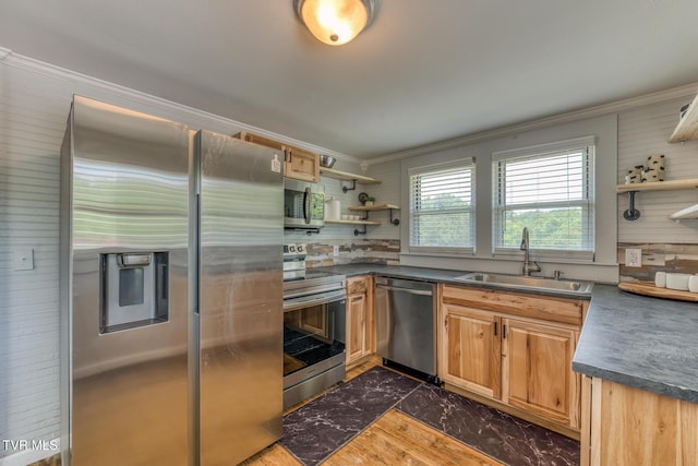 406 Mclaney Rd, Watauga, TN 37694 - kitchen with appliances with stainless steel finishes, open shelves, ornamental molding, dark countertops, and dark wood-style floors