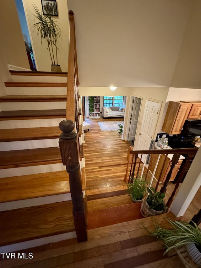 103 Meadow Springs Ct, Flag Pond, TN 37657 - stairs with wood finished floors and high vaulted ceiling