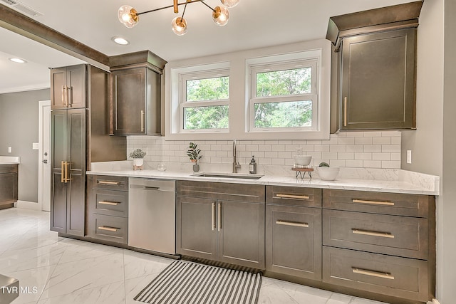 2061 King College Rd, Bristol, TN 37620 - kitchen with dishwasher, light marble finish floors, decorative backsplash, dark brown cabinets, and crown molding