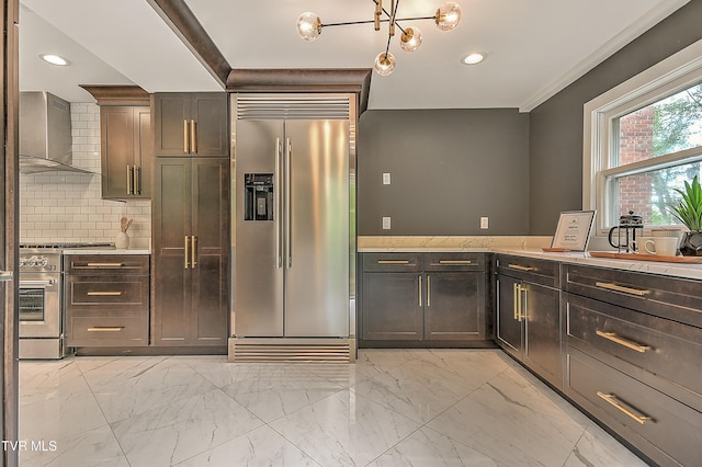 2061 King College Rd, Bristol, TN 37620 - kitchen featuring high quality appliances, wall chimney range hood, light marble finish floors, decorative backsplash, and light countertops