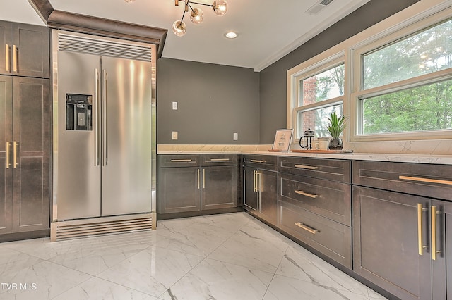 2061 King College Rd, Bristol, TN 37620 - kitchen featuring built in fridge, light marble finish flooring, recessed lighting, and dark brown cabinetry