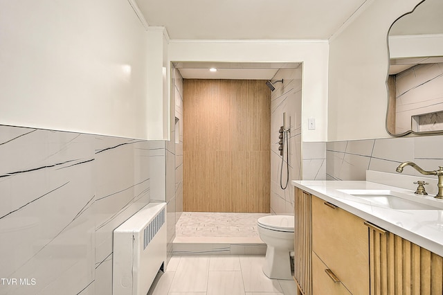 2061 King College Rd, Bristol, TN 37620 - full bath featuring vanity, tile walls, a shower stall, crown molding, and radiator heating unit
