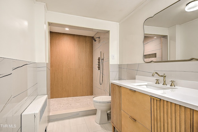 2061 King College Rd, Bristol, TN 37620 - full bathroom featuring a shower, vanity, tile walls, ornamental molding, and tile patterned floors
