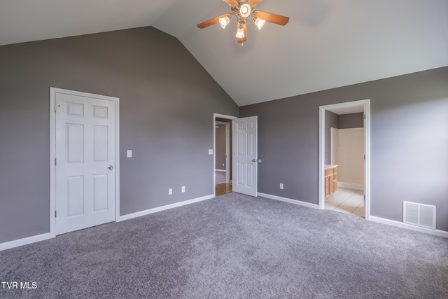 5 Pinehurst Ct, Limestone, TN 37681 - unfurnished bedroom with high vaulted ceiling, light carpet, ensuite bath, and a ceiling fan