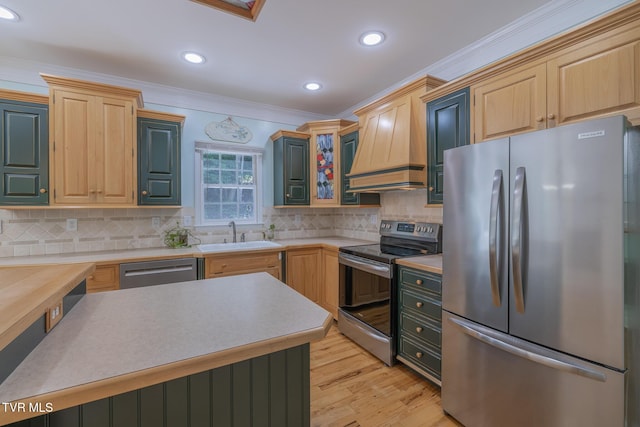 566 Beechwood Rd, Kingsport, TN 37663 - kitchen featuring stainless steel appliances, light countertops, custom range hood, crown molding, and light wood finished floors