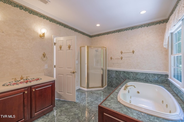566 Beechwood Rd, Kingsport, TN 37663 - full bathroom with ornamental molding, a shower stall, and a whirlpool tub