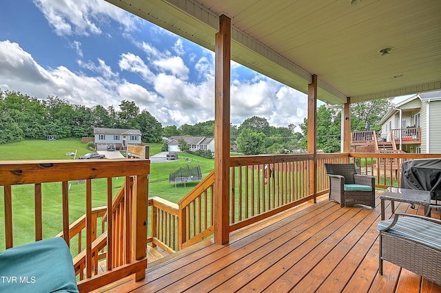 5000 Aberlea Pl, Piney Flats, TN 37686 - wooden deck featuring a trampoline, a yard, a residential view, and view of wooded area