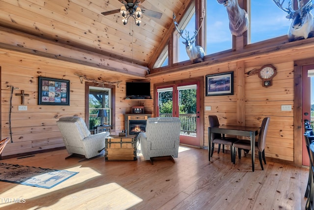 121 Hulse Rd, Jonesborough, TN 37659 - living area featuring plenty of natural light, light wood-style flooring, wooden ceiling, high vaulted ceiling, and ceiling fan