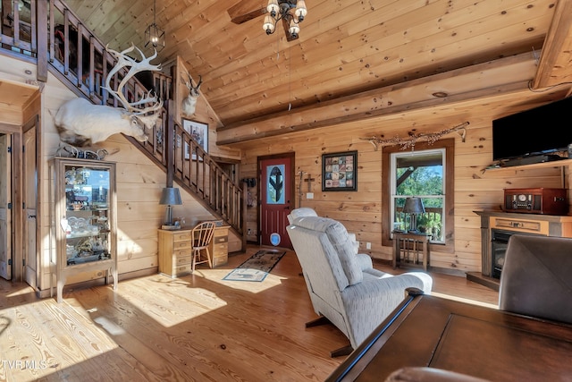 121 Hulse Rd, Jonesborough, TN 37659 - living area with wood finished floors, stairway, wooden ceiling, vaulted ceiling, and wood walls