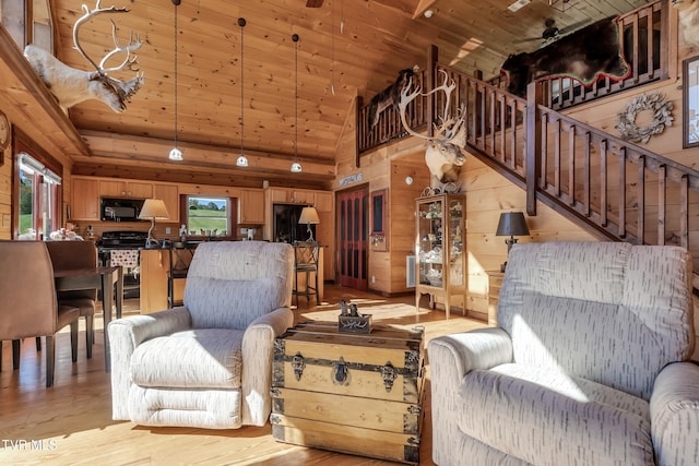 121 Hulse Rd, Jonesborough, TN 37659 - living area with light wood-style flooring, stairway, wood ceiling, high vaulted ceiling, and wooden walls