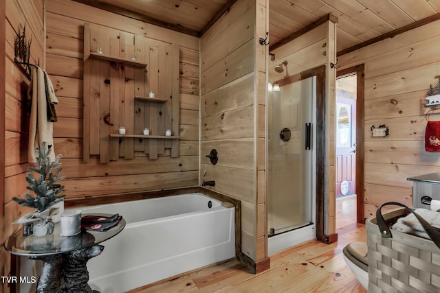 121 Hulse Rd, Jonesborough, TN 37659 - full bathroom featuring wooden ceiling, wood finished floors, a stall shower, wooden walls, and a bath