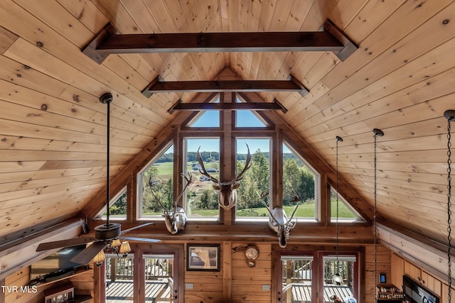 121 Hulse Rd, Jonesborough, TN 37659 - detailed view of a wood ceiling with exposed beams, ceiling fan, and wooden walls