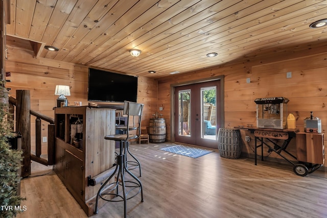 121 Hulse Rd, Jonesborough, TN 37659 - kitchen with wood ceiling, wood finished floors, french doors, wooden walls, and recessed lighting