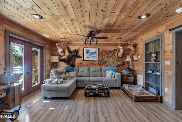 121 Hulse Rd, Jonesborough, TN 37659 - living room featuring wood finished floors, recessed lighting, ceiling fan, wooden ceiling, and wood walls