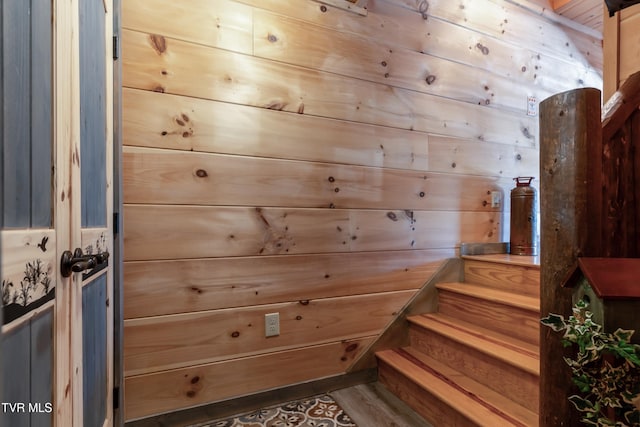 121 Hulse Rd, Jonesborough, TN 37659 - stairway featuring a relaxing sauna, wood finished floors, and wood walls