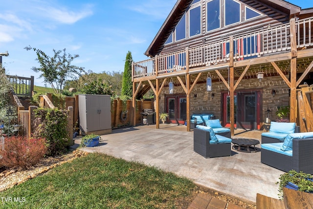 121 Hulse Rd, Jonesborough, TN 37659 - rear view of house with a patio area, french doors, an outdoor hangout area, and a shed