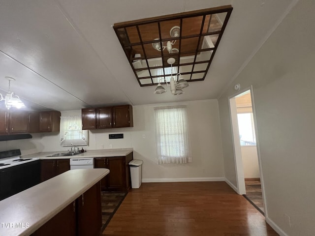 505 NE Lake St, Wise, VA 24293 - kitchen with white appliances, dark wood-type flooring, light countertops, and dark brown cabinets