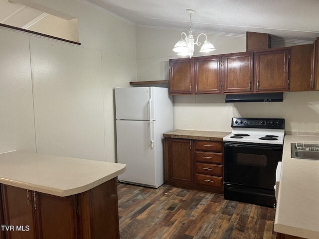 505 NE Lake St, Wise, VA 24293 - kitchen featuring freestanding refrigerator, electric range oven, under cabinet range hood, dark wood-style flooring, and light countertops