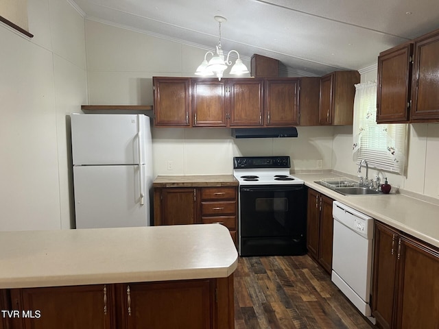 505 NE Lake St, Wise, VA 24293 - kitchen featuring white appliances, vaulted ceiling, under cabinet range hood, dark wood-style flooring, and light countertops