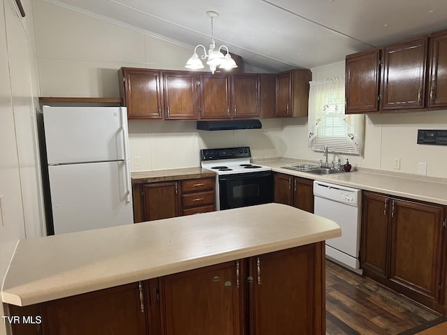 505 NE Lake St, Wise, VA 24293 - kitchen with white appliances, extractor fan, vaulted ceiling, crown molding, and dark wood-style floors