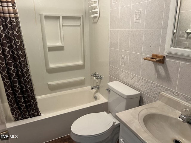 505 NE Lake St, Wise, VA 24293 - bathroom featuring shower / bathtub combination with curtain, tile walls, and vanity